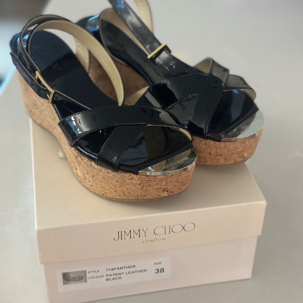 Jimmy Choo Black Patent Leather Cork Wedge Sandals with Gold Accents - Picture 3 of 5
